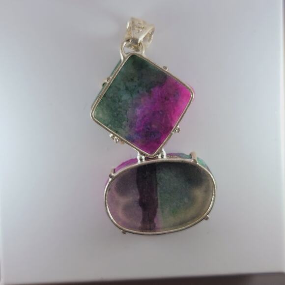 Sterling Silver Rainbow Drusy Pendant Raw Slice Gem Crystal Quartz 2.5" - Picture 6 of 10